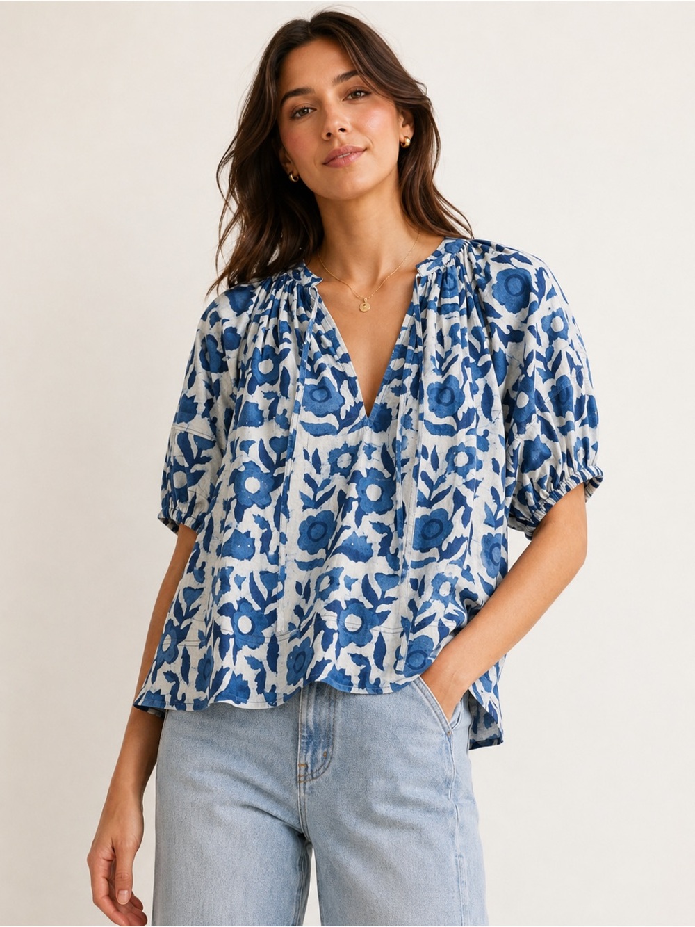 Apiece Apart Lumina Popover Blouse Large Dabu Floral Indigo Organic Cotton